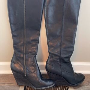 Women’s Leather FRYE black tall wedge boots 7.5 zip up under the knee